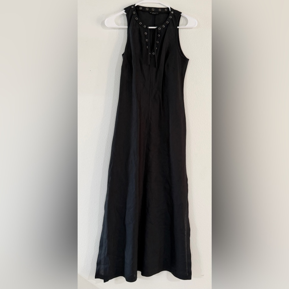 Sisley Italy Size XS Black Maxi Dress 100% Ramie Lace Up Eyelet Grommet Boho